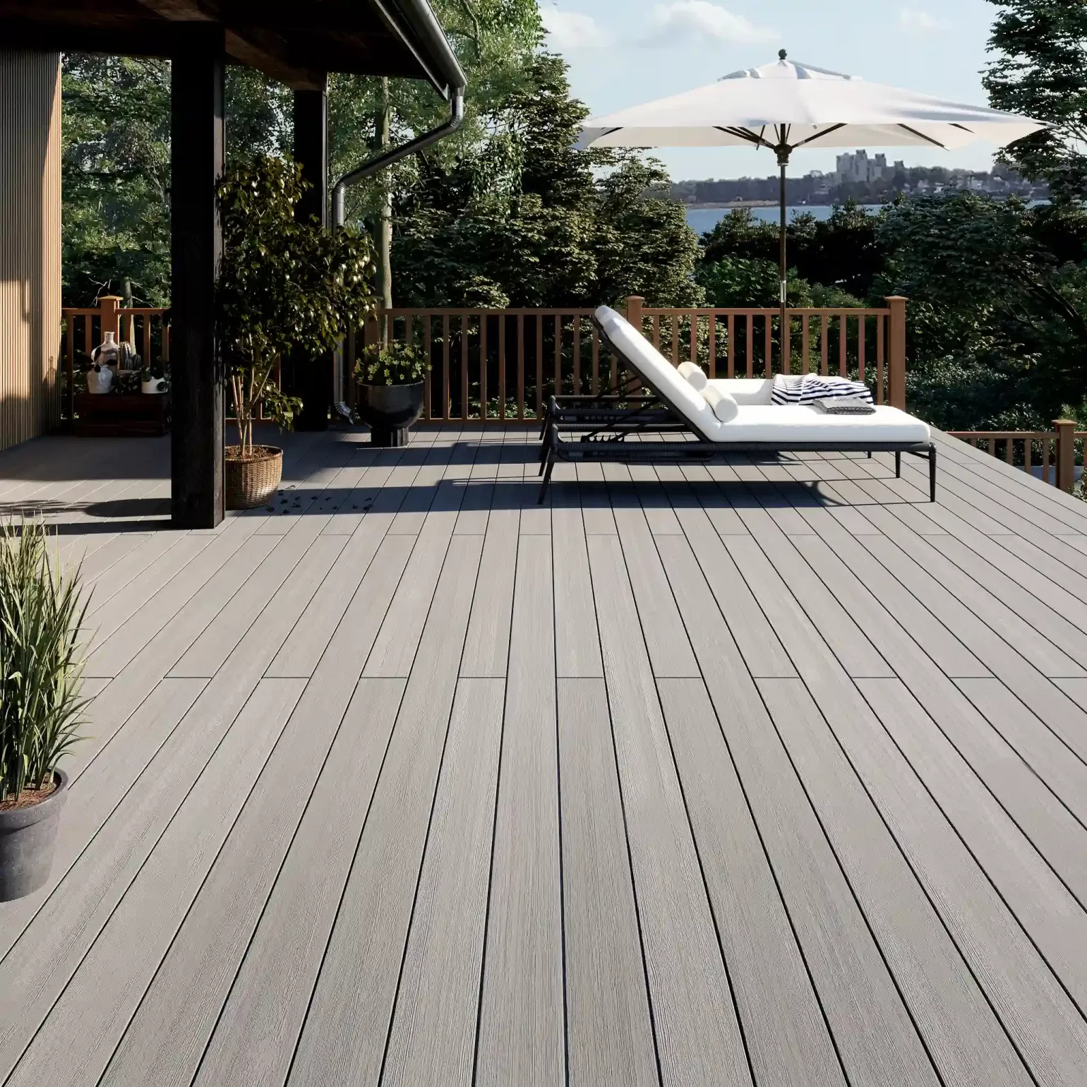 How to clean composite decking
Once you’ve gathered your equipment, you’re ready to give your deck a summer-ready spring clean.
Remove all outdoor furniture from your deck. Once the area is clear, prepare your decking by giving it a good sweep and removing any leaves, dirt, or debris.
Wash your decking with a solution of warm soapy water that you’ve mixed in your bucket. If you’re cleaning composite decking with vinegar, pre-mix your solution of 240 ml vinegar and 4 litres of water and complete the washing process.
Scrub your decking with a soft bristled brush to remove any stubborn dirt or stains and to ensure it looks spic n span. If you have stubborn stains, soak the area a bit in the soapy solution and then scrub it clean.
Rinse your decking thoroughly with clean water to remove all the soap or vinegar residue. When the water runs clean, the job is done.